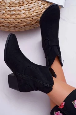 Botki Damskie Płaski Obcas Kowbojki Czarne Telifa