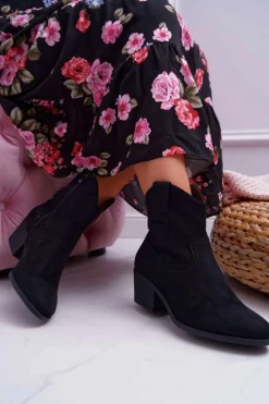 Botki Damskie Płaski Obcas Kowbojki Czarne Telifa