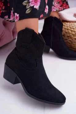 Botki Damskie Płaski Obcas Kowbojki Czarne Telifa