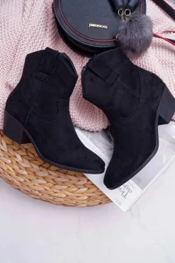 Botki Damskie Płaski Obcas Kowbojki Czarne Telifa