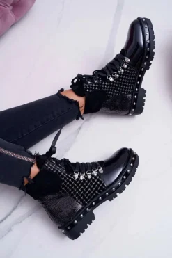 Botki Damskie Płaski Obcas Czarne Farell