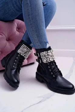 Botki Damskie Płaski Obcas Militarne Czarne Bemmer