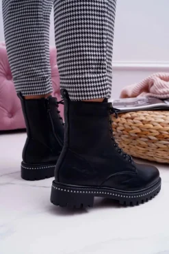 Botki Damskie Płaski Obcas Wysokie Glany Czarne Hippe