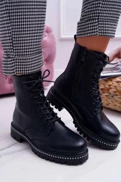 Botki Damskie Płaski Obcas Wysokie Glany Czarne Hippe