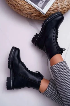 Botki Damskie Płaski Obcas Wysokie Glany Czarne Hippe