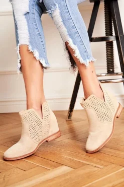 Botki Damskie Płaski Obcas Zamszowe Ażurowe Jasno Beżowe Shades