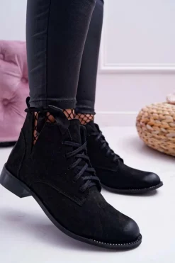 Botki Damskie Płaski Obcas Nubuk Czarne Nicole 2420