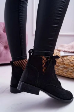 Botki Damskie Płaski Obcas Nubuk Czarne Nicole 2420