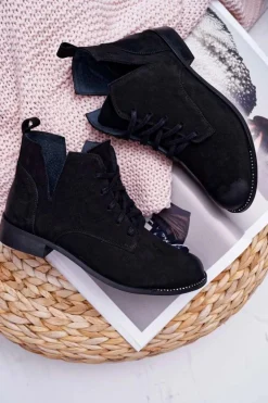 Botki Damskie Płaski Obcas Nubuk Czarne Nicole 2420