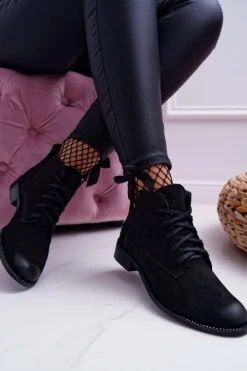 Botki Damskie Płaski Obcas Nubuk Czarne Nicole 2420