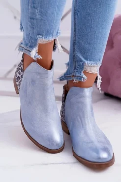 Botki Damskie Płaski Obcas Wiosenne Skórzane Niebieskie Madness