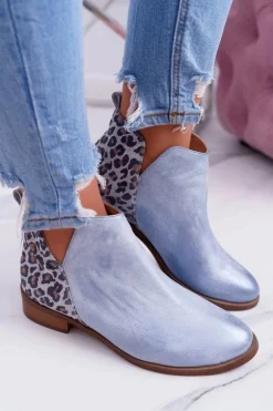 Botki Damskie Płaski Obcas Wiosenne Skórzane Niebieskie Madness