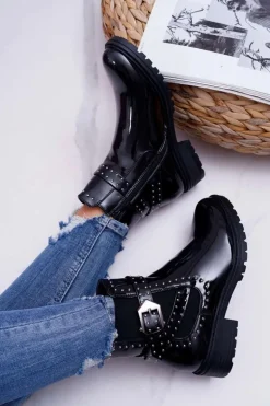 Botki Damskie Płaski Obcas Ciepłe Lakierowane Czarne Verre