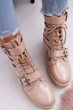 Botki Damskie Płaski Obcas Wiosenne Lakierowane Beżowe Single