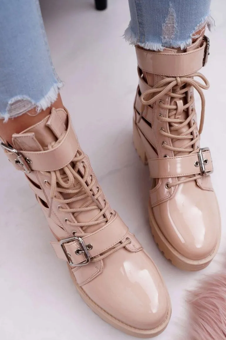 Botki Damskie Płaski Obcas Wiosenne Lakierowane Beżowe Single