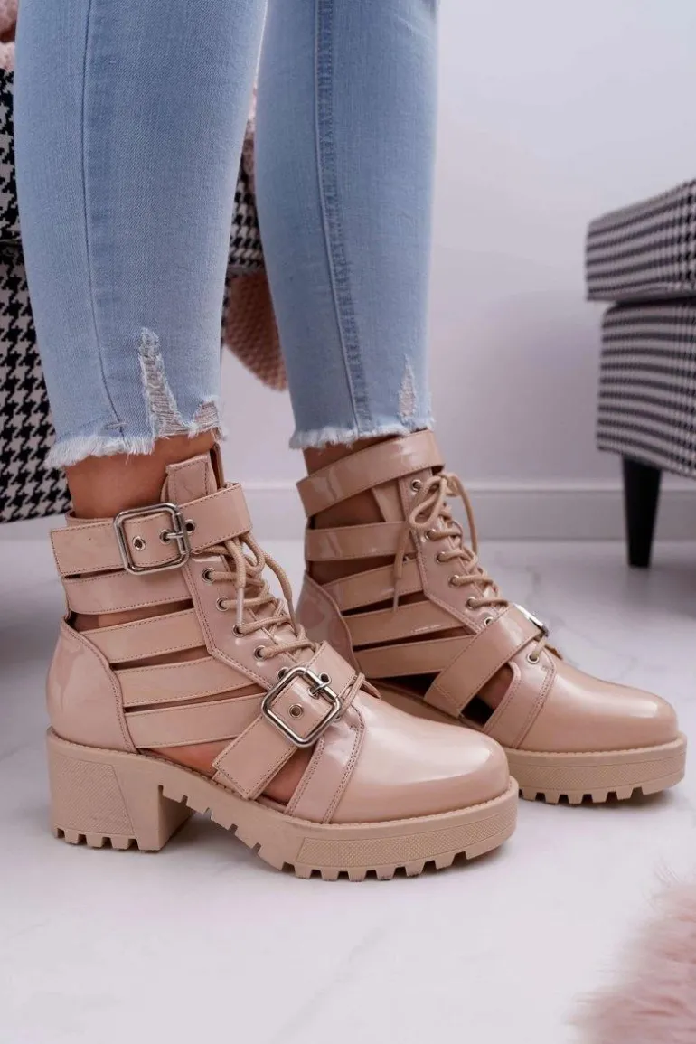 Botki Damskie Płaski Obcas Wiosenne Lakierowane Beżowe Single