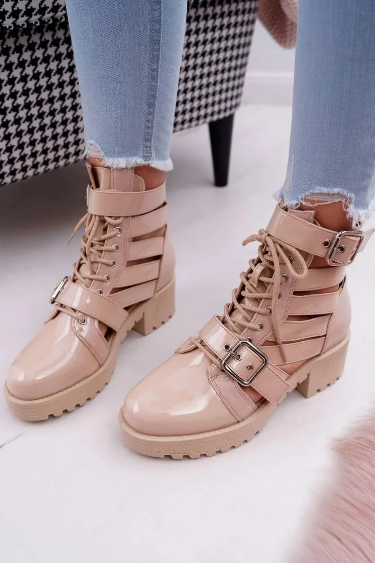 Botki Damskie Płaski Obcas Wiosenne Lakierowane Beżowe Single