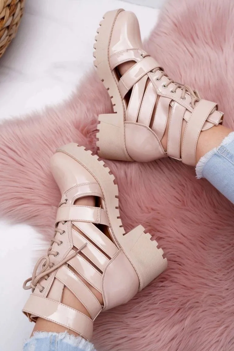 Botki Damskie Płaski Obcas Wiosenne Lakierowane Beżowe Single