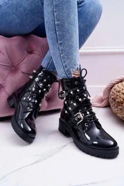 Botki Damskie Płaskie Lakierowane Z Perełkami Czarne Domination