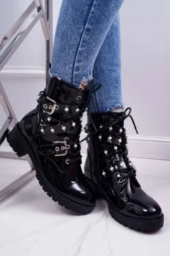 Botki Damskie Płaskie Lakierowane Z Perełkami Czarne Domination