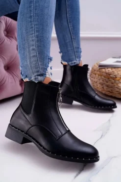 Botki Damskie Płaskie Ozdobny Suwak Czarne Vermina