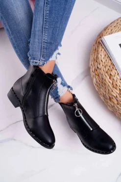 Botki Damskie Płaskie Ozdobny Suwak Czarne Vermina