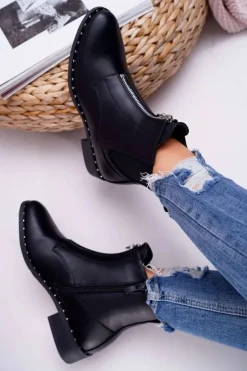 Botki Damskie Płaskie Ozdobny Suwak Czarne Vermina