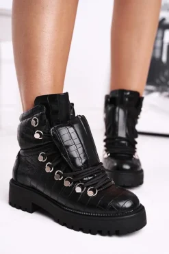 Botki Damskie Płaskie z Językiem Czarne Passa