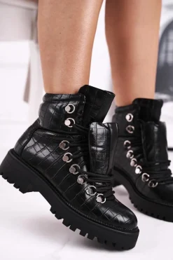 Botki Damskie Płaskie z Językiem Czarne Passa