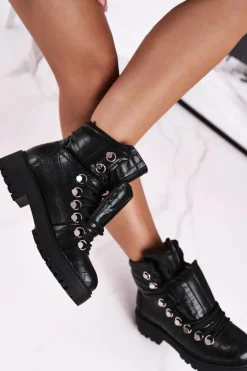 Botki Damskie Płaskie z Językiem Czarne Passa