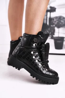 Botki Damskie Płaskie z Językiem Czarne Passa