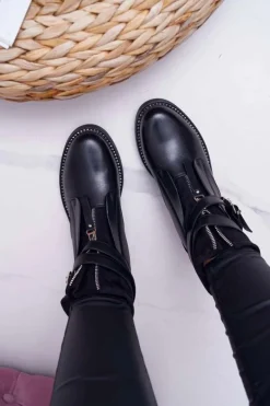 Botki Damskie Płaskie z Kryształkami Klamra Czarne Denovio