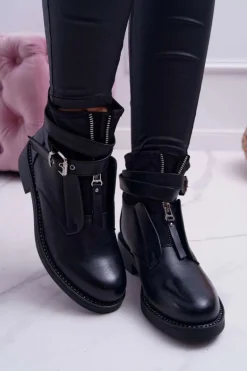 Botki Damskie Płaskie z Kryształkami Klamra Czarne Denovio