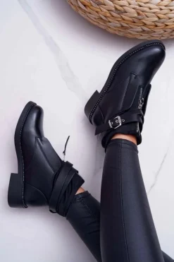 Botki Damskie Płaskie z Kryształkami Klamra Czarne Denovio