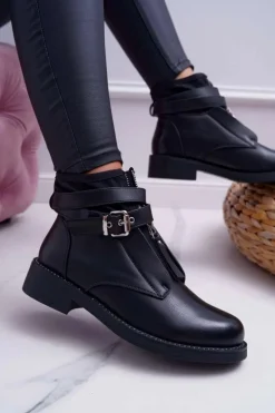 Botki Damskie Płaskie z Kryształkami Klamra Czarne Denovio