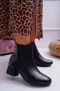 Botki Damskie Skórzane Laura Messi Czarne 2034