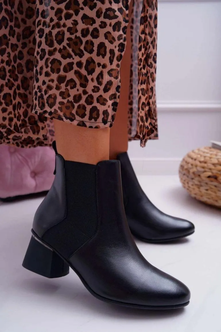 Botki Damskie Skórzane Laura Messi Czarne 2034