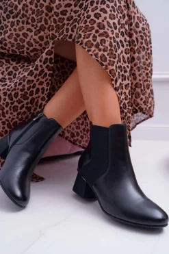 Botki Damskie Skórzane Laura Messi Czarne 2034