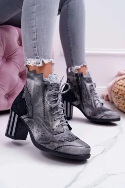 Botki Damskie Skórzane Maciejka Szare 03190