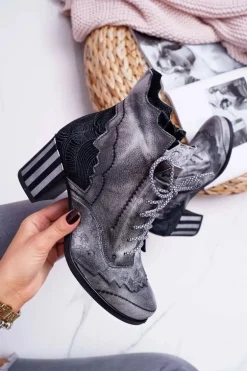 Botki Damskie Skórzane Maciejka Szare 03190