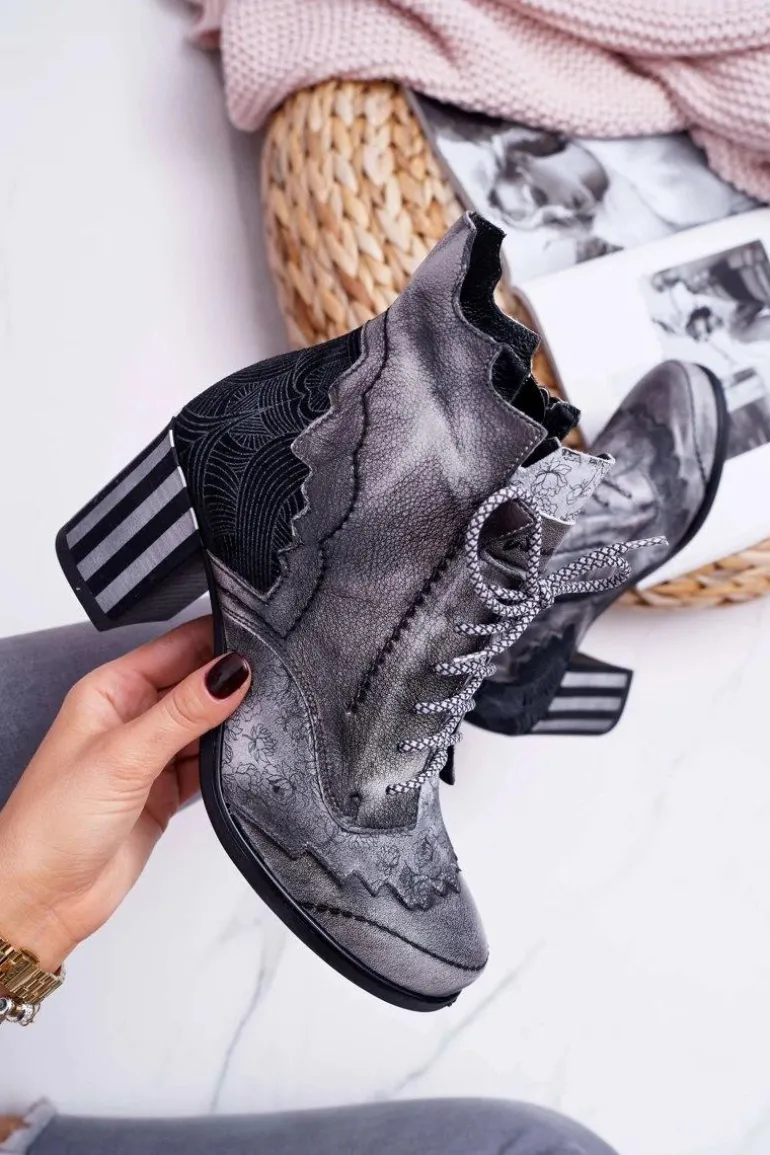 Botki Damskie Skórzane Maciejka Szare 03190