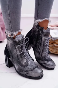 Botki Damskie Skórzane Maciejka Szare 03190