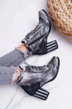 Botki Damskie Skórzane Maciejka Szare 03190