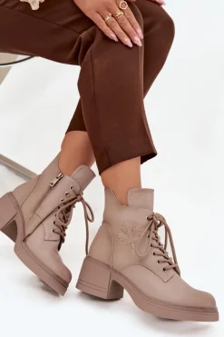 Botki Damskie Skórzane Na Klocku Ocieplane Vinceza 39950 Beżowe