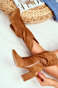 Botki Damskie Skórzane na Obcasie Laura Messi Camel 2123