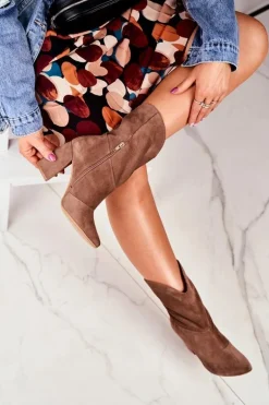 Botki Damskie Skórzane na Obcasie Laura Messi Khaki 2123