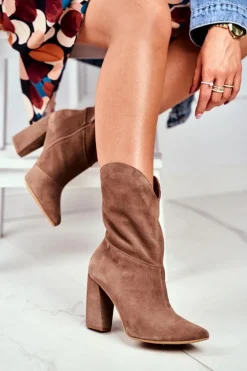 Botki Damskie Skórzane na Obcasie Laura Messi Khaki 2123