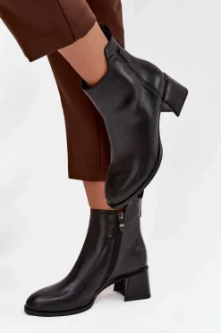 Botki Damskie Skórzane Na Obcasie Ocieplane Czarne Nolivra