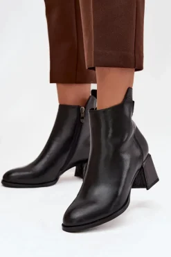 Botki Damskie Skórzane Na Obcasie Ocieplane Czarne Nolivra