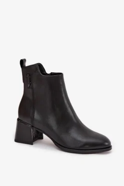 Botki Damskie Skórzane Na Obcasie Ocieplane Czarne Nolivra